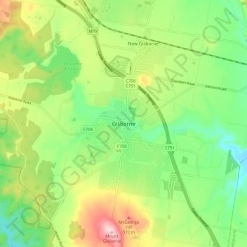 Mapa topográfico Gisborne, altitud, relieve
