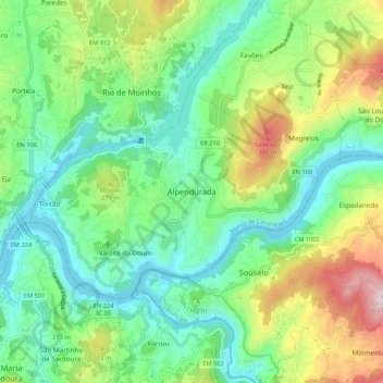 Mapa topográfico Alpendurada, altitud, relieve