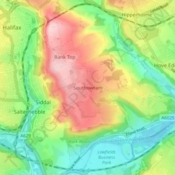 Mapa topográfico Southowram, altitud, relieve