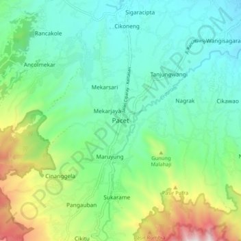 Mapa topográfico Pacet, altitud, relieve