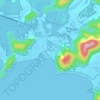 Mapa topográfico Camburi, altitud, relieve