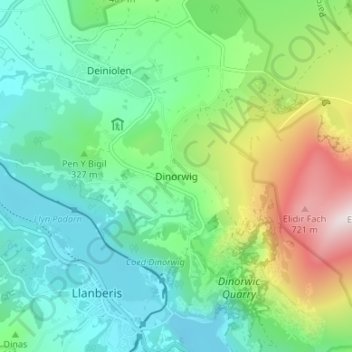 Mapa topográfico Dinorwig, altitud, relieve
