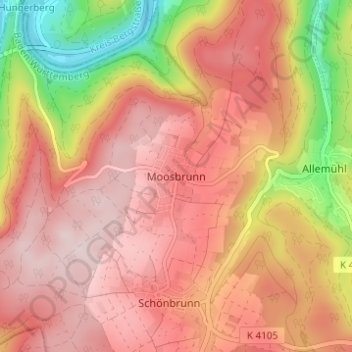 Mapa topográfico Moosbrunn, altitud, relieve