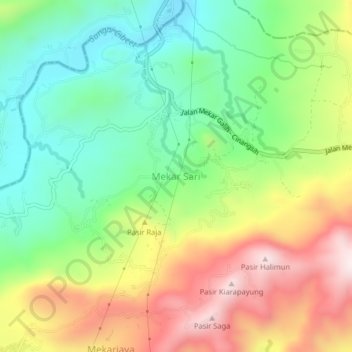 Mapa topográfico Mekar Sari, altitud, relieve