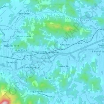 Mapa topográfico Guaramirim, altitud, relieve