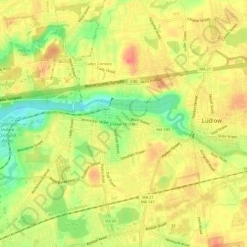 Mapa topográfico Indian Orchard, altitud, relieve