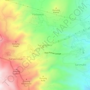 Mapa topográfico Karya Mekar, altitud, relieve