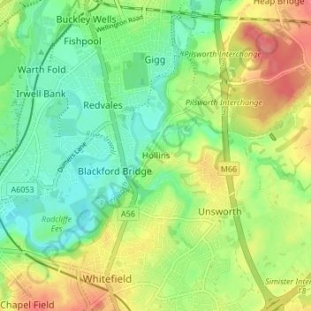 Mapa topográfico Hollins, altitud, relieve