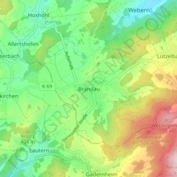 Mapa topográfico Brandau, altitud, relieve