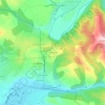 Mapa topográfico Les Grèzes, altitud, relieve