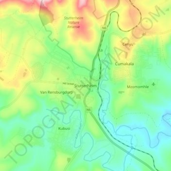 Mapa topográfico Stutterheim, altitud, relieve