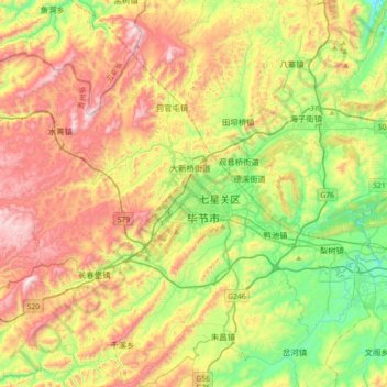 Mapa topográfico 毕节市, altitud, relieve