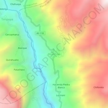 Mapa topográfico Huallhua, altitud, relieve