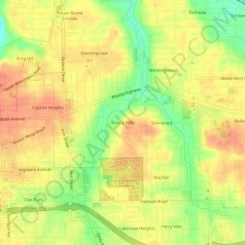 Mapa topográfico Forest Hills, altitud, relieve