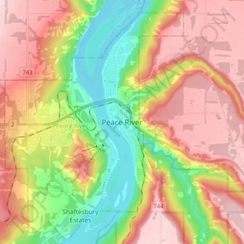 Mapa topográfico Peace River, altitud, relieve