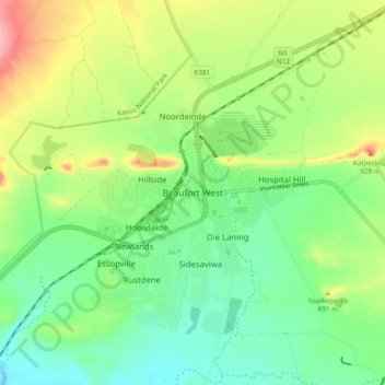 Mapa topográfico Beaufort West, altitud, relieve