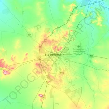 Mapa topográfico Bloemfontein, altitud, relieve
