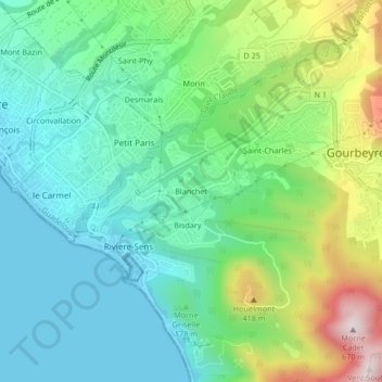 Mapa topográfico Blanchet, altitud, relieve