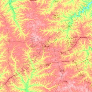 Mapa topográfico Dickson, altitud, relieve