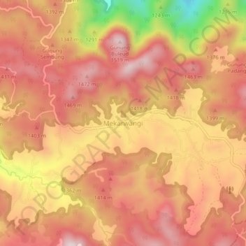 Mapa topográfico Mekarwangi, altitud, relieve