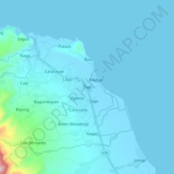 Mapa topográfico Tiwi, altitud, relieve