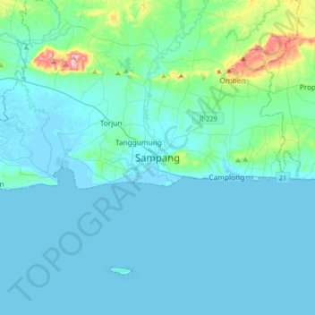 Mapa topográfico Sampang, altitud, relieve
