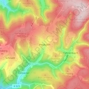 Mapa topográfico Heubach, altitud, relieve