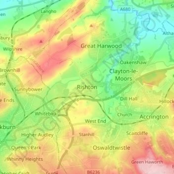 Mapa topográfico Rishton, altitud, relieve