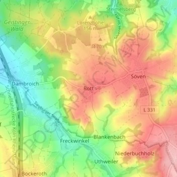 Mapa topográfico Rott, altitud, relieve