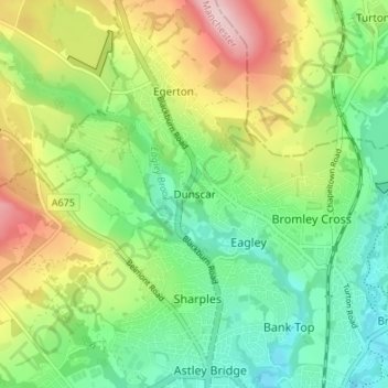 Mapa topográfico Dunscar, altitud, relieve