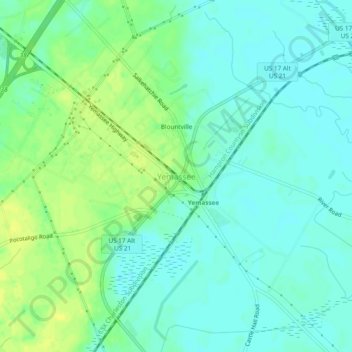 Mapa topográfico Yemassee, altitud, relieve