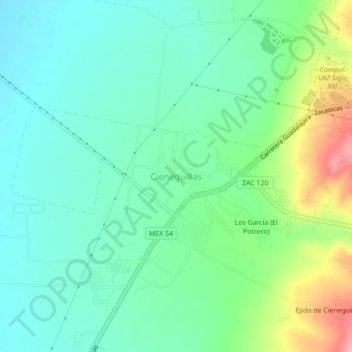 Mapa topográfico Cieneguillas, altitud, relieve