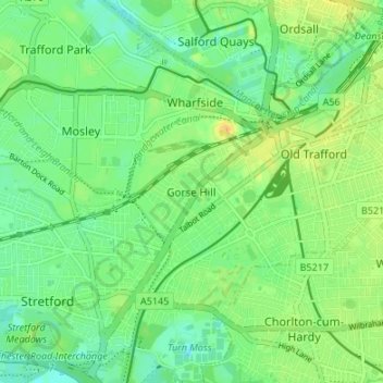 Mapa topográfico Gorse Hill, altitud, relieve