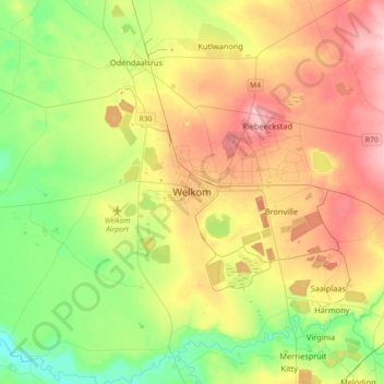Mapa topográfico Welkom, altitud, relieve