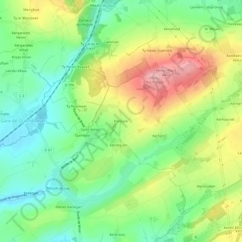 Mapa topográfico Kerouzic, altitud, relieve