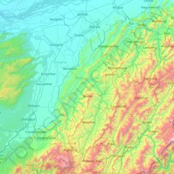 Mapa topográfico Wokha, altitud, relieve