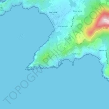 Mapa topográfico Cargèse, altitud, relieve