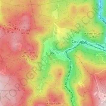 Mapa topográfico Erlabrunn, altitud, relieve