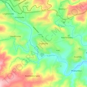 Mapa topográfico Zwelitsha, altitud, relieve