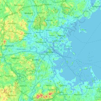 Mapa topográfico Boston, altitud, relieve