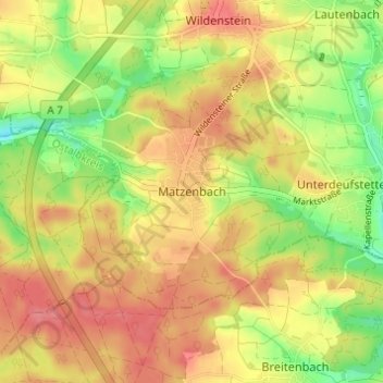 Mapa topográfico Matzenbach, altitud, relieve