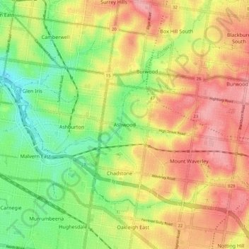 Mapa topográfico Ashwood, altitud, relieve