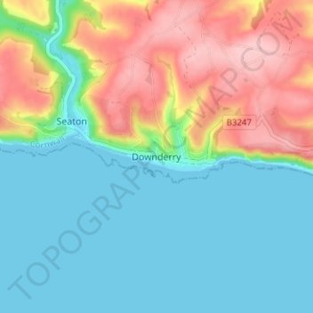 Mapa topográfico Downderry, altitud, relieve