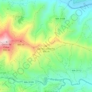 Mapa topográfico Cerro Corbacho, altitud, relieve
