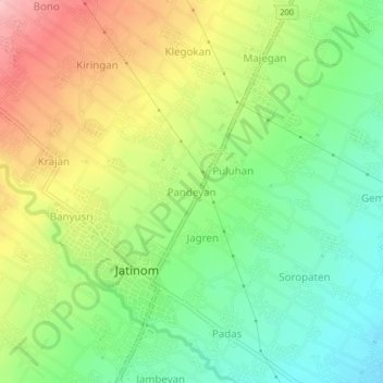 Mapa topográfico Pandeyan, altitud, relieve