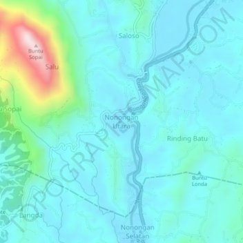 Mapa topográfico Nonongan Utara, altitud, relieve