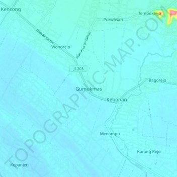 Mapa topográfico Gumukmas, altitud, relieve