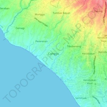 Mapa topográfico Canggu, altitud, relieve