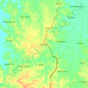 Mapa topográfico Jawilan, altitud, relieve