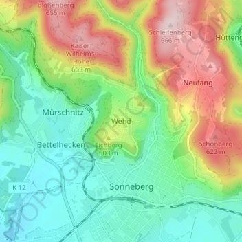 Mapa topográfico Wehd, altitud, relieve